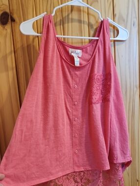 just be Coral Pink Lace-Trim Button Tank Top